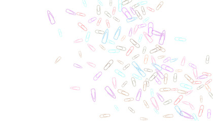 Paper clips are scattered on a white background. Decorative element. Background for design, school and office supplies