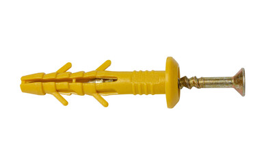 Plastic dowel with a self-tapping screw on a white background.