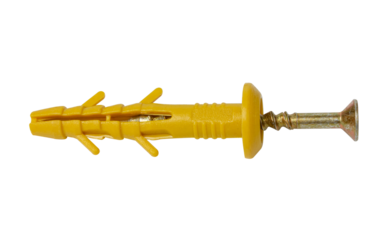 Plastic dowel with a self-tapping screw on a white background.