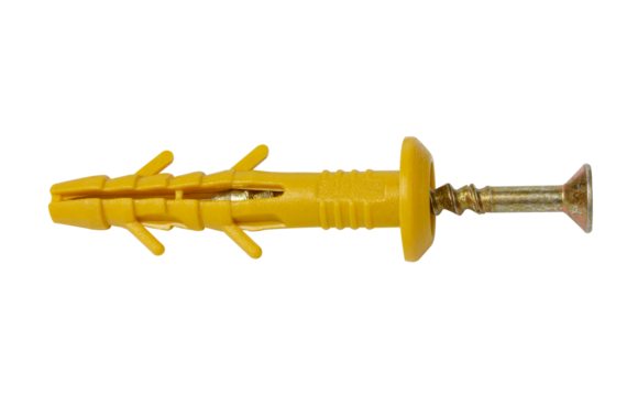 Plastic dowel with a self-tapping screw on a white background.