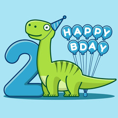 Happy 2nd Birthday. Cute invitation card with brontosaurus, balloons, and numbering. Flat vector illustration.