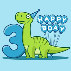 Fototapeta premium Happy 3rd Birthday. Cute invitation card with brontosaurus, balloons, and numbering. Flat vector illustration.