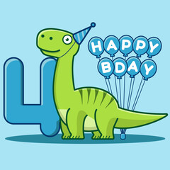 Happy 4th Birthday. Cute invitation card with brontosaurus, balloons, and numbering. Flat vector illustration.