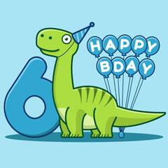 Happy 6th Birthday.  Cute invitation card with brontosaurus, balloons, and numbering. Flat vector illustration.