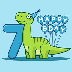 Happy 7th Birthday. Cute invitation card with brontosaurus, balloons, and numbering. Flat vector illustration.