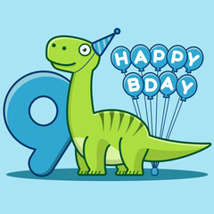 Fototapeta premium Happy 9th Birthday. Cute invitation card with brontosaurus, balloons, and numbering. Flat vector illustration.