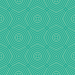 Geometric line vector seamless pattern. Abstract minimal striped ornament. Turquoise green color texture with lines, stripes, stars, octagons, repeat tiles. Simple background. Retro style geo design