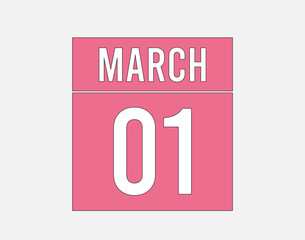 1 March calendar pink. Calendar page vector for March on light background