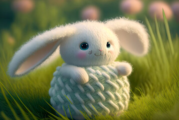Fairy fluffy wool bunny, adorable fantasy Easter toy, children and toddler cute friend, Easter, spring, toy, fantasy, illustration, generated art