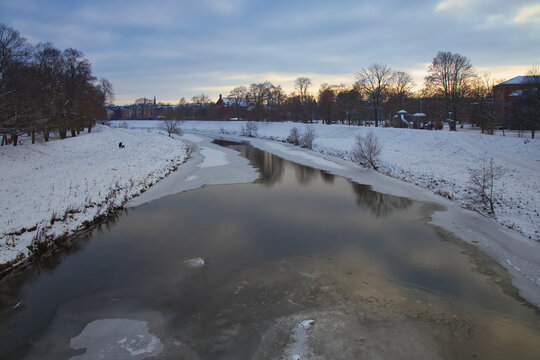 Zwickau Mulde Riverside Skyline By Sunset