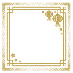classic chinese style square frame sparkling gold color, decorated with lanterns & cherry blossoms in the corners, perfect for frames, borders, templates, greeting cards, postal, clip art, invitations