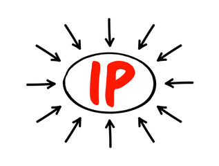 IP Intellectual Property - category of property that includes intangible creations of the human intellect, acronym text concept with arrows