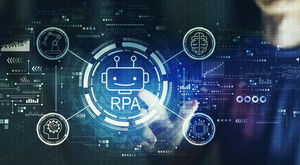 Robotic Process Automation RPA theme with young man touching a digital screen at night