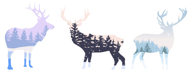 Three deer silhouette with spruce forest