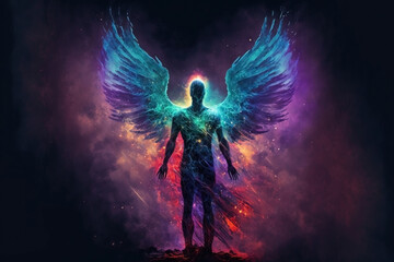 Angel of light. Good and evil. Demon. Glowing wings. Universe. God. Creation of the earth. Stars, planets, space.