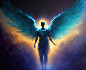 Angel of light. Good and evil. Demon. Glowing wings. Universe. God. Creation of the earth. Stars, planets, space.