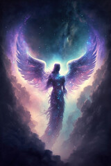 Angel of light. Good and evil. Demon. Glowing wings. Universe. God. Creation of the earth. Stars, planets, space.