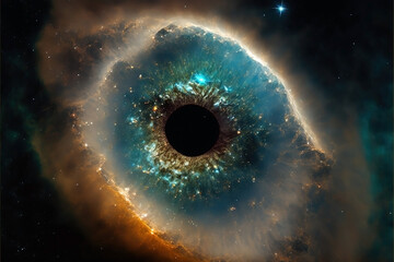 Eye fading into the universe. The All Seeing Eye. Nebula with stars and galaxy universe. Eye ball. Macro shot of a blue eye. - obrazy, fototapety, plakaty