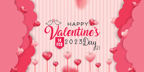 Happy Valentine's day wishing template, beautiful paper cut clouds with 3d red hearts on pink background. Vector illustration. 