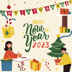 Merry Christmas and Happy new year 2023 greeting card. Christmas set. Holiday set of Christmas. Merry Christmas and Happy new year Frame.