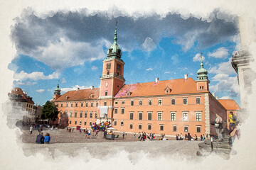 Fototapeta premium Street of a European city castle. Old town landmark. Watercolor illustration style. Multi-colored houses of the tourist route. Sights attractions. Building house streets Warsaw center square