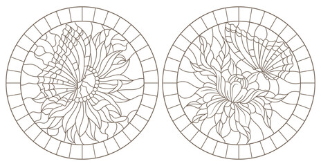 Set of contour illustrations of stained-glass Windows with flowers and butterflies, dark contours on a white background