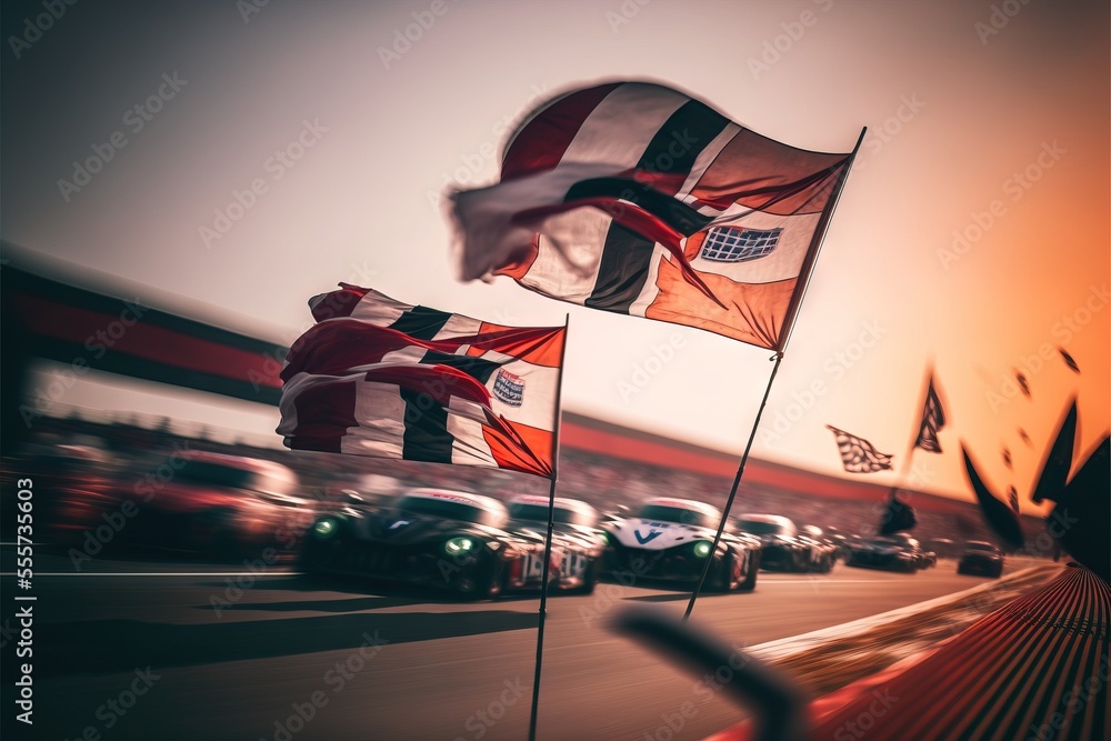Poster a group of flags flying over a street next to a building with a clock on it's side. generative ai