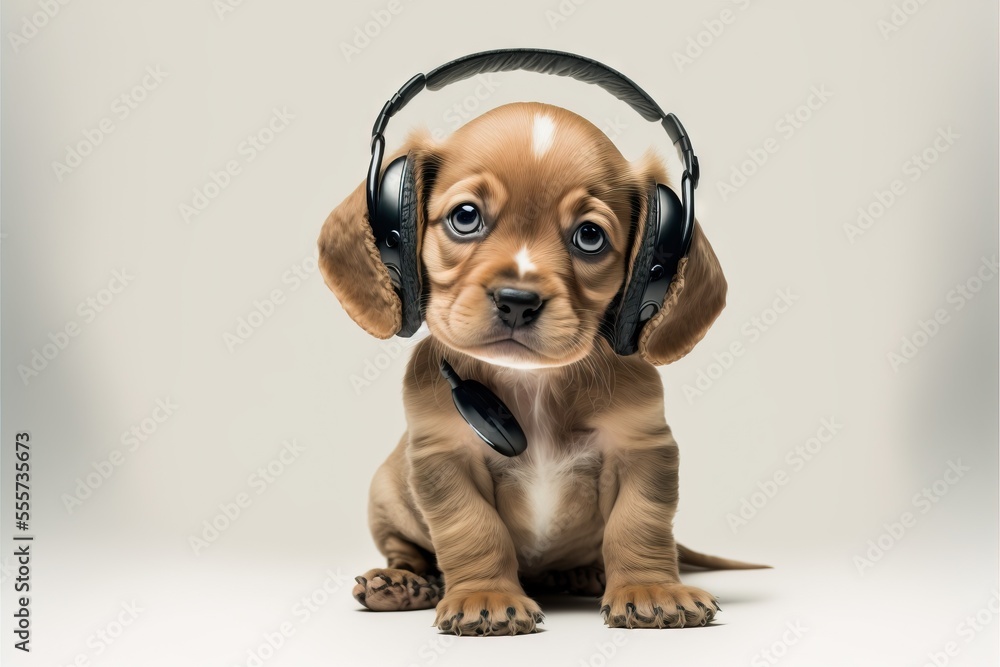 Poster a puppy with headphones on sitting down with a white background and a gray background behind it is a