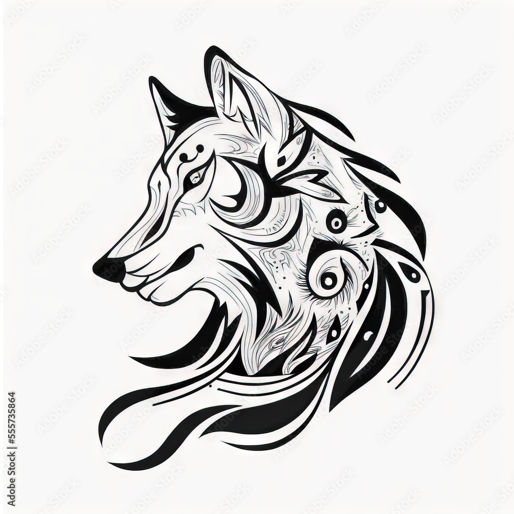 Poster a black and white drawing of a wolf's head with a pattern on it's face and eyes. generative ai