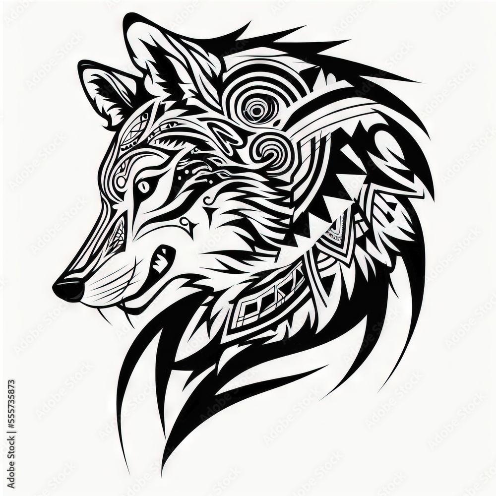 Poster a wolf with a tribal pattern on its head and a pattern on its chest. generative ai