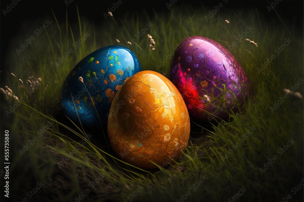 Poster three colorful eggs sitting in the grass with flowers on them and one has a painted egg on it's side