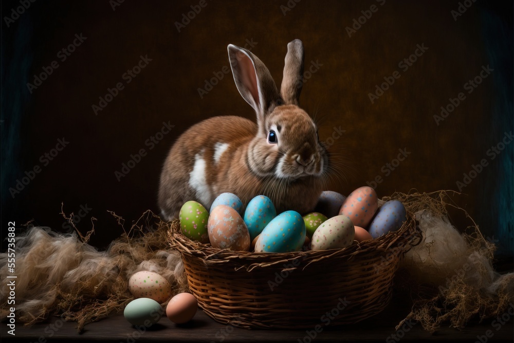 Poster a rabbit sitting in a basket with eggs in it and feathers around it. generative ai