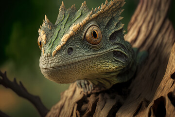 Fototapeta premium A smaller tree agamid pseudocalotes tympanistriga's close up head is shown on a natural background. Generative AI