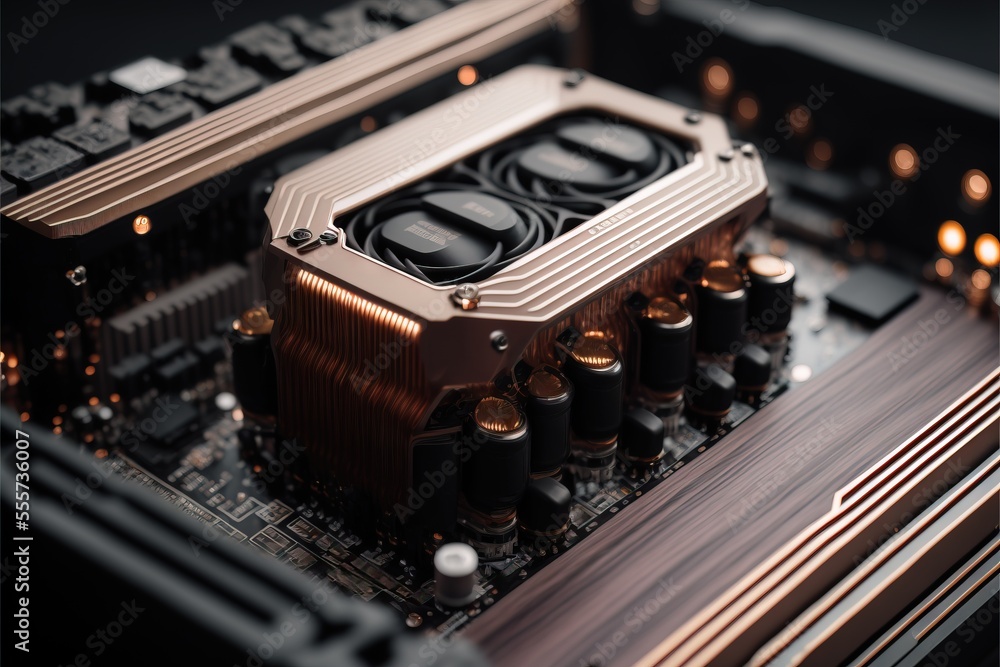 Aufkleber a close up of a computer motherboard with gold and black parts on it and a few other components. gen