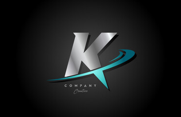 silver metal blue K alphabet letter logo icon design with swoosh. Creative template for company and business