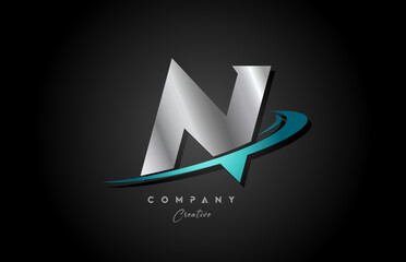 silver metal blue N alphabet letter logo icon design with swoosh. Creative template for company and business