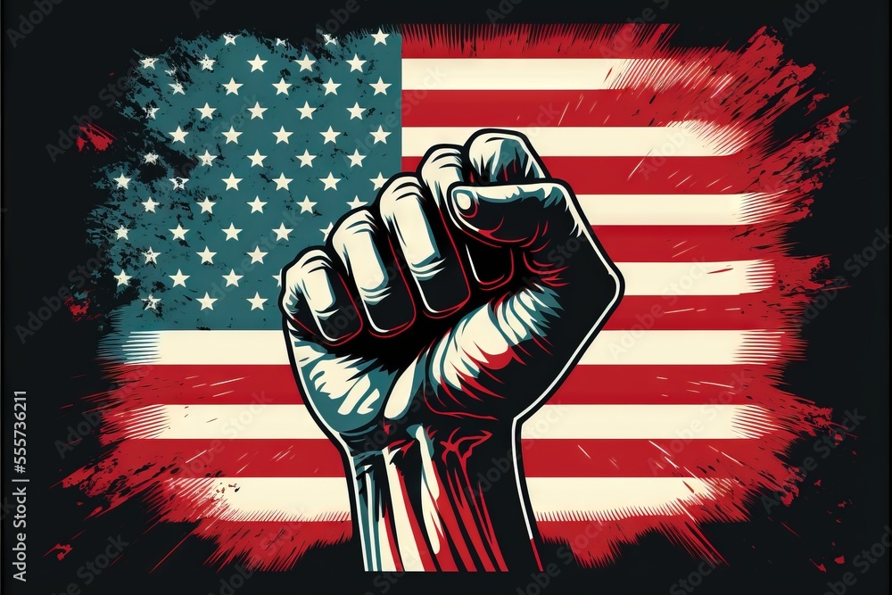 Poster a fist raised in front of an american flag background with grunge effect and a grunge effect. genera