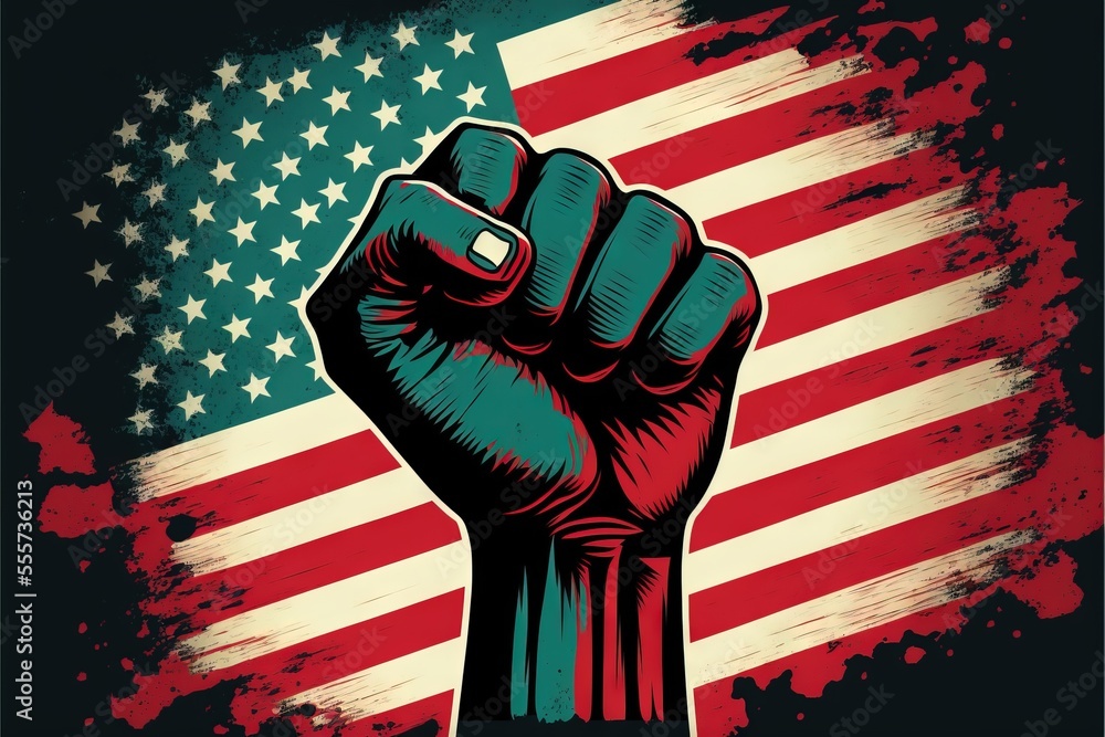 Poster a fist raised in front of an american flag background with grunge effect and a grunge effect. genera