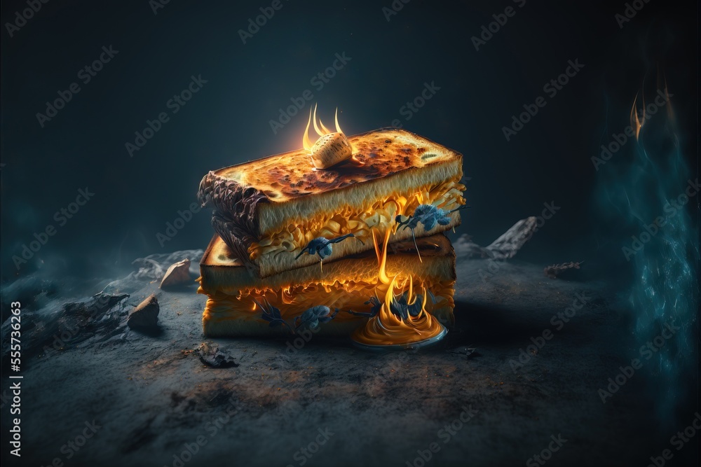 Poster a piece of bread with a candle on top of it on a surface with rocks and water around it. generative 