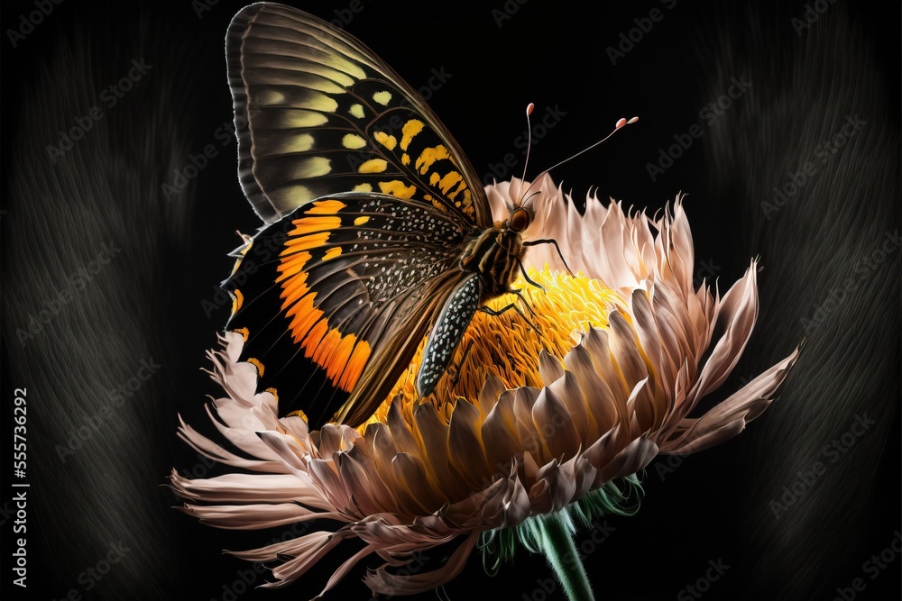 Poster  a butterfly sitting on a flower with a black background behind it and a black background behind it. Generative AI