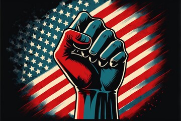  a fist raised in front of an american flag background with the word america written on it and the word america written on the front. Generative AI - obrazy, fototapety, plakaty