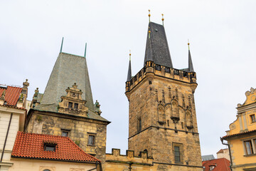 Fototapeta premium Foundation tower on the Charles Bridge. Background with selective focus