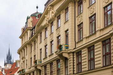 Obraz premium Facade of the house of classical European architecture of the old cozy tourist city. Background