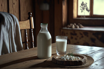 Fototapeta na wymiar A rustic wooden table with fresh organic milk in a glass and a bottle is in the background. Kefir, vegan milk, vegetable milk, or Turkish Ayran are all healthy beverage options. Room for text