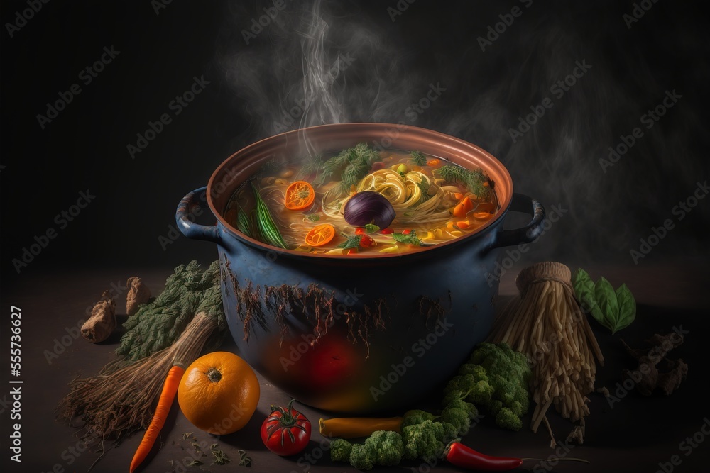 Poster a pot of soup with steam rising out of it and vegetables around it on a dark background with a few o