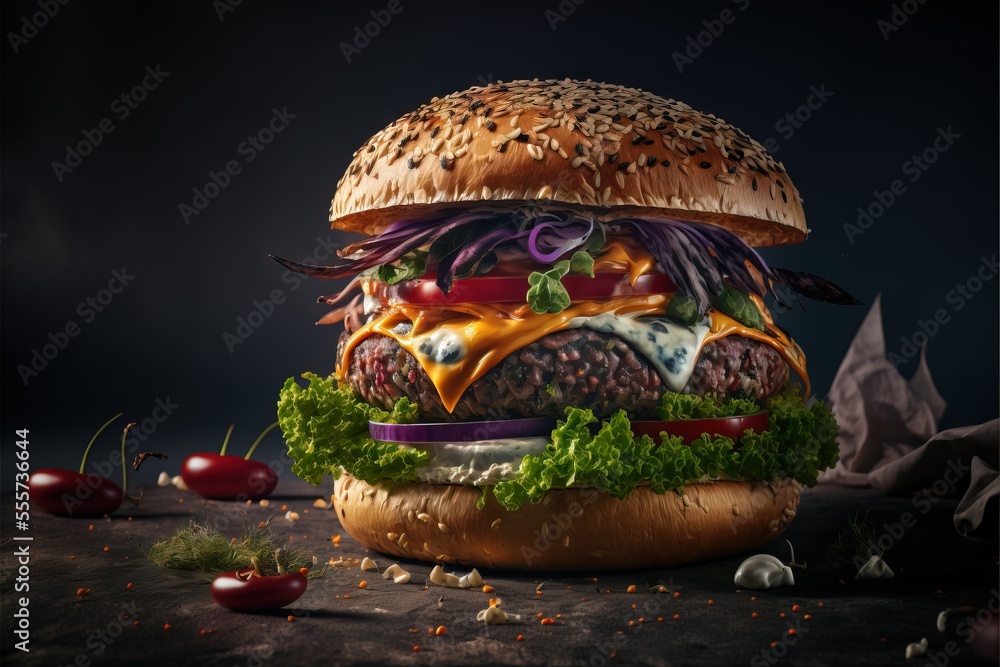 Poster  a hamburger with a lot of toppings on it and a bun with a bun bun on it and a bun with a bun and bun with a bun with a bun and bun with bun and bun with bun and bun with. Generative AI