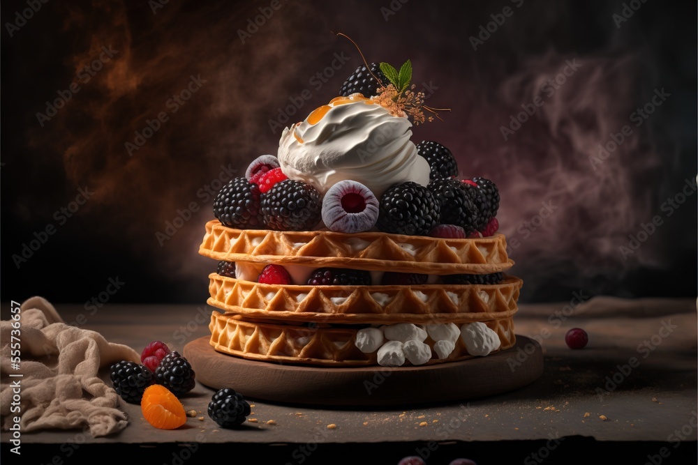 Poster a stack of waffles with whipped cream and berries on top of them. generative ai