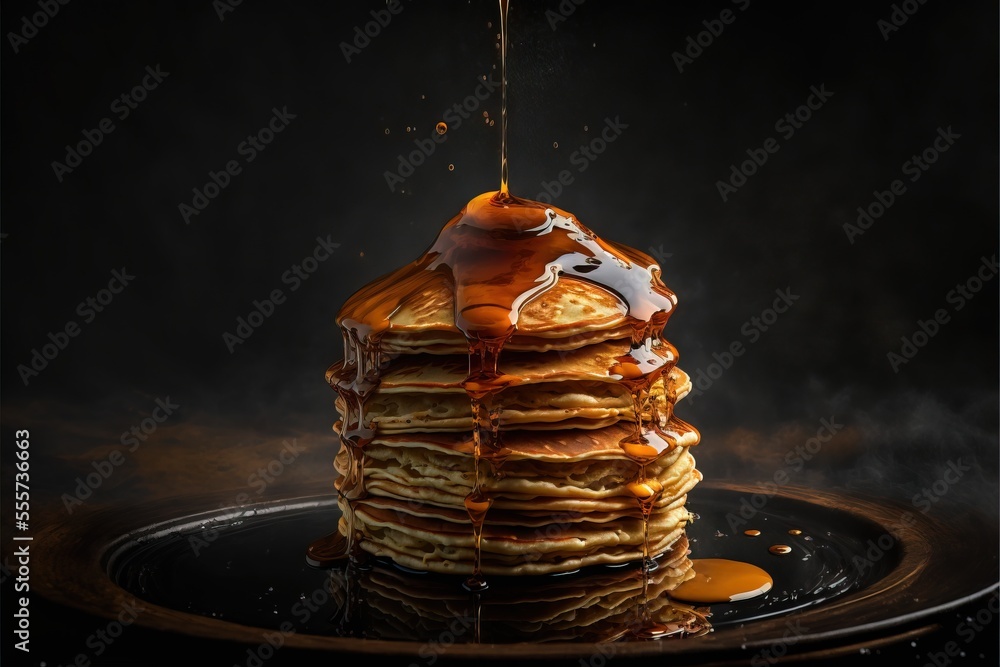 Poster a stack of pancakes with syrup being poured on top of them on a plate with a black background and a 
