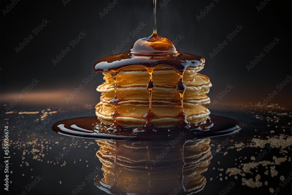 Poster a stack of pancakes with syrup on top of it and a spoon sticking out of the top of the stack. genera