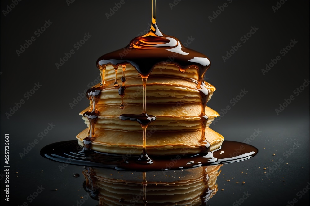 Poster a stack of pancakes with syrup on top of it and a spoon sticking out of the top of the stack. genera